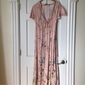 Zara Pink Floral Maxi Dress with Side Slit (Small)